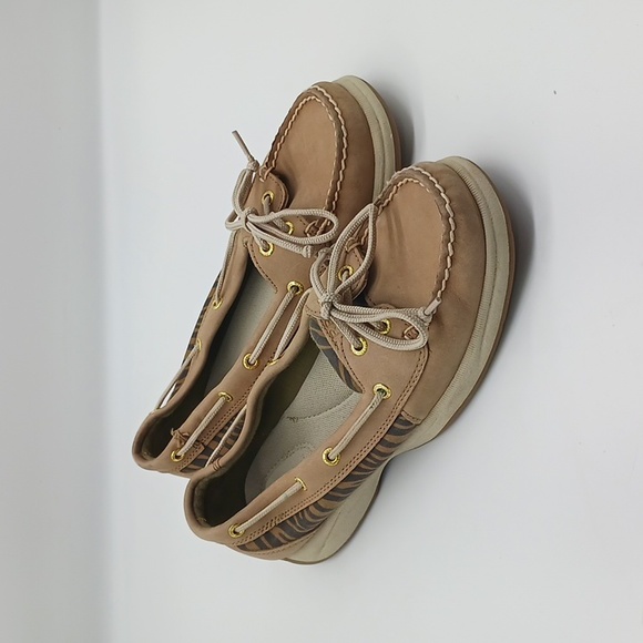 Sperry Women's Brown Tan Leather 2 Eye Zebra Print Boat Shoes 9M - Picture 1 of 15